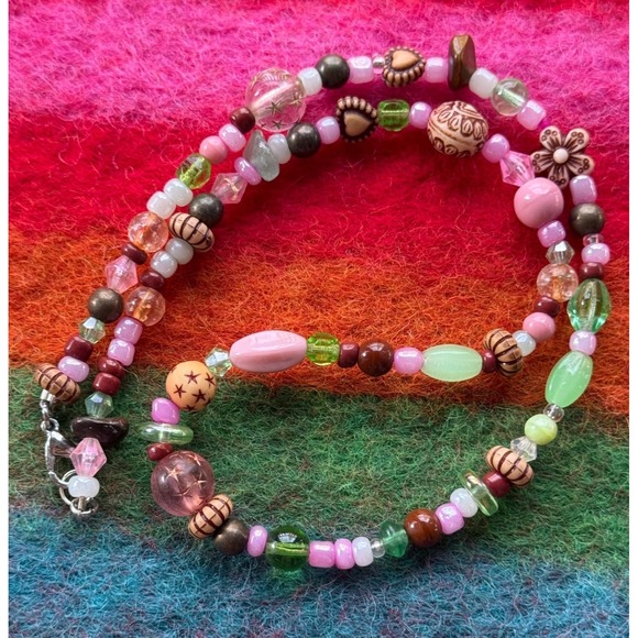 Unbranded Jewelry - Y2K Multicolor Mixed Bead Necklace Pink Green Brown Floral Star Heart Boho 18 In